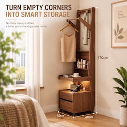 Walnut Coat Rack with Shelves & Drawer on Wheels 170cm Entryway Clothes Organizer
