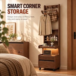 Walnut Coat Rack with Shelves & Drawer on Wheels 170cm Entryway Clothes Organizer