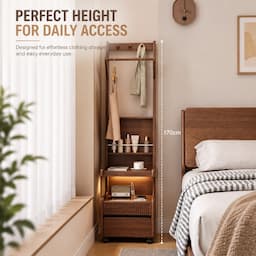 Walnut Coat Rack with Shelves & Drawer on Wheels 170cm Entryway Clothes Organizer