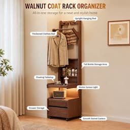 Walnut Coat Rack with Shelves & Drawer on Wheels 170cm Entryway Clothes Organizer