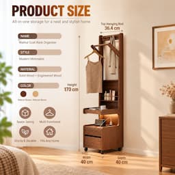 Walnut Coat Rack with Shelves & Drawer on Wheels 170cm Entryway Clothes Organizer