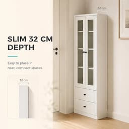 White Display Cabinet with Glass Doors and 2 Drawers 164cm Bookshelf