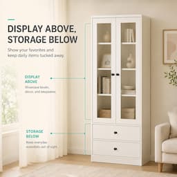 White Display Cabinet with Glass Doors and 2 Drawers 164cm Bookshelf