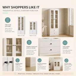 White Display Cabinet with Glass Doors and 2 Drawers 164cm Bookshelf