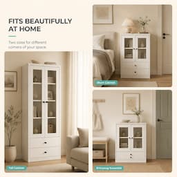White Display Cabinet with Glass Doors and 2 Drawers 164cm Bookshelf