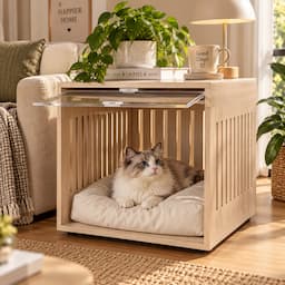 2-in-1 Cat House Side Table Wooden Pet Bed End Table with Acrylic Door 60cm