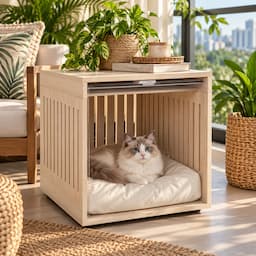 2-in-1 Cat House Side Table Wooden Pet Bed End Table with Acrylic Door 60cm