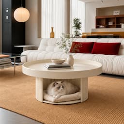 Round Coffee Table with Cat Bed 2-in-1 Pet Human Shared Table Iron Frame 65cm