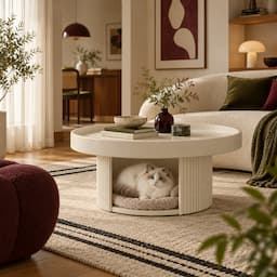 Round Coffee Table with Cat Bed 2-in-1 Pet Human Shared Table Iron Frame 65cm
