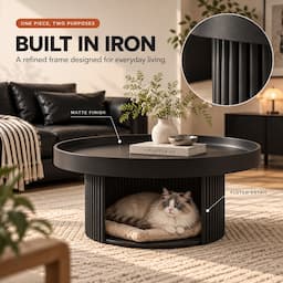 Round Coffee Table with Cat Bed 2-in-1 Pet Human Shared Table Iron Frame 65cm