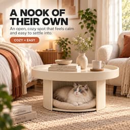 Round Coffee Table with Cat Bed 2-in-1 Pet Human Shared Table Iron Frame 65cm