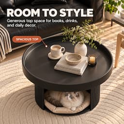 Round Coffee Table with Cat Bed 2-in-1 Pet Human Shared Table Iron Frame 65cm