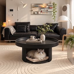 Round Coffee Table with Cat Bed 2-in-1 Pet Human Shared Table Iron Frame 65cm