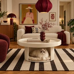 Round Coffee Table with Cat Bed 2-in-1 Pet Human Shared Table Iron Frame 65cm