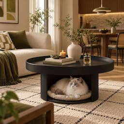 Round Coffee Table with Cat Bed 2-in-1 Pet Human Shared Table Iron Frame 65cm
