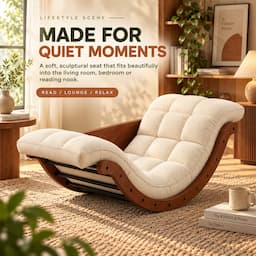 2-in-1 Rocking Chair Floor Lounger with Desk Mode Cream Cushion Bentwood Frame