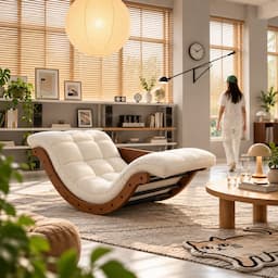 2-in-1 Rocking Chair Floor Lounger with Desk Mode Cream Cushion Bentwood Frame