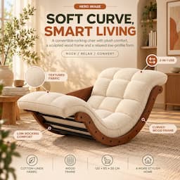 2-in-1 Rocking Chair Floor Lounger with Desk Mode Cream Cushion Bentwood Frame