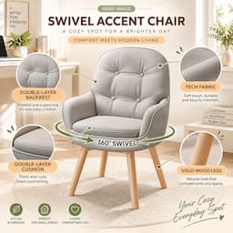 360° Swivel Vanity Chair Light Grey Tech Fabric Accent Chair with Solid Wood Legs