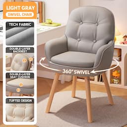 360° Swivel Vanity Chair Light Grey Tech Fabric Accent Chair with Solid Wood Legs