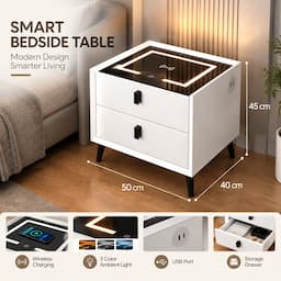 Smart Nightstand with Wireless Charging 3-Color Touch LED USB Port 2 Drawers