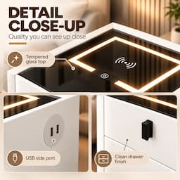 Smart Nightstand with Wireless Charging 3-Color Touch LED USB Port 2 Drawers