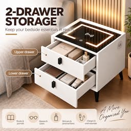Smart Nightstand with Wireless Charging 3-Color Touch LED USB Port 2 Drawers