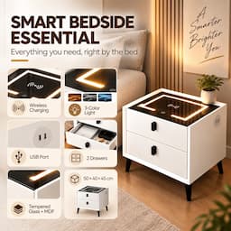 Smart Nightstand with Wireless Charging 3-Color Touch LED USB Port 2 Drawers