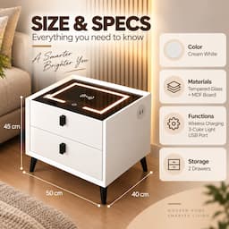 Smart Nightstand with Wireless Charging 3-Color Touch LED USB Port 2 Drawers