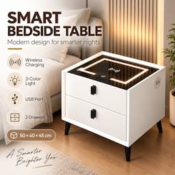 Smart Nightstand with Wireless Charging 3-Color Touch LED USB Port 2 Drawers