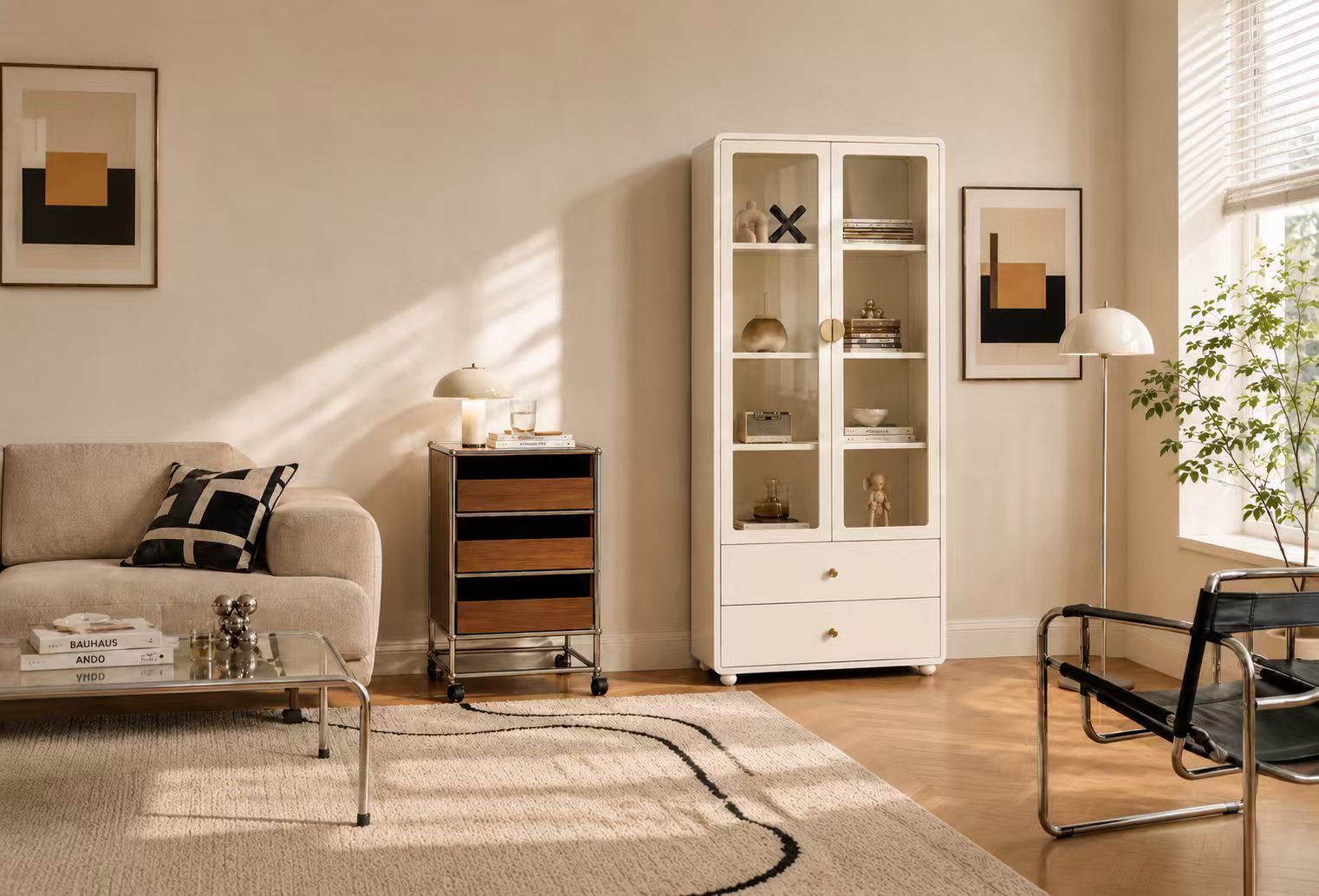 Living corner with glass display cabinet