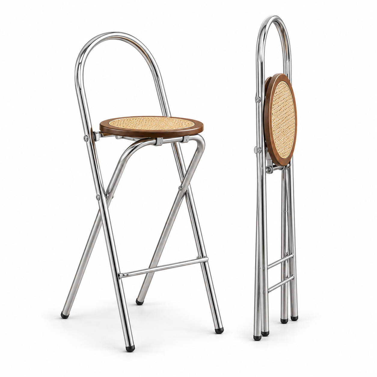 Roni Rattan Folding Bar Stool - Folds Flat to 8cm, Breathable Woven Seat, Space-Saving for Small Kitchens & Condos