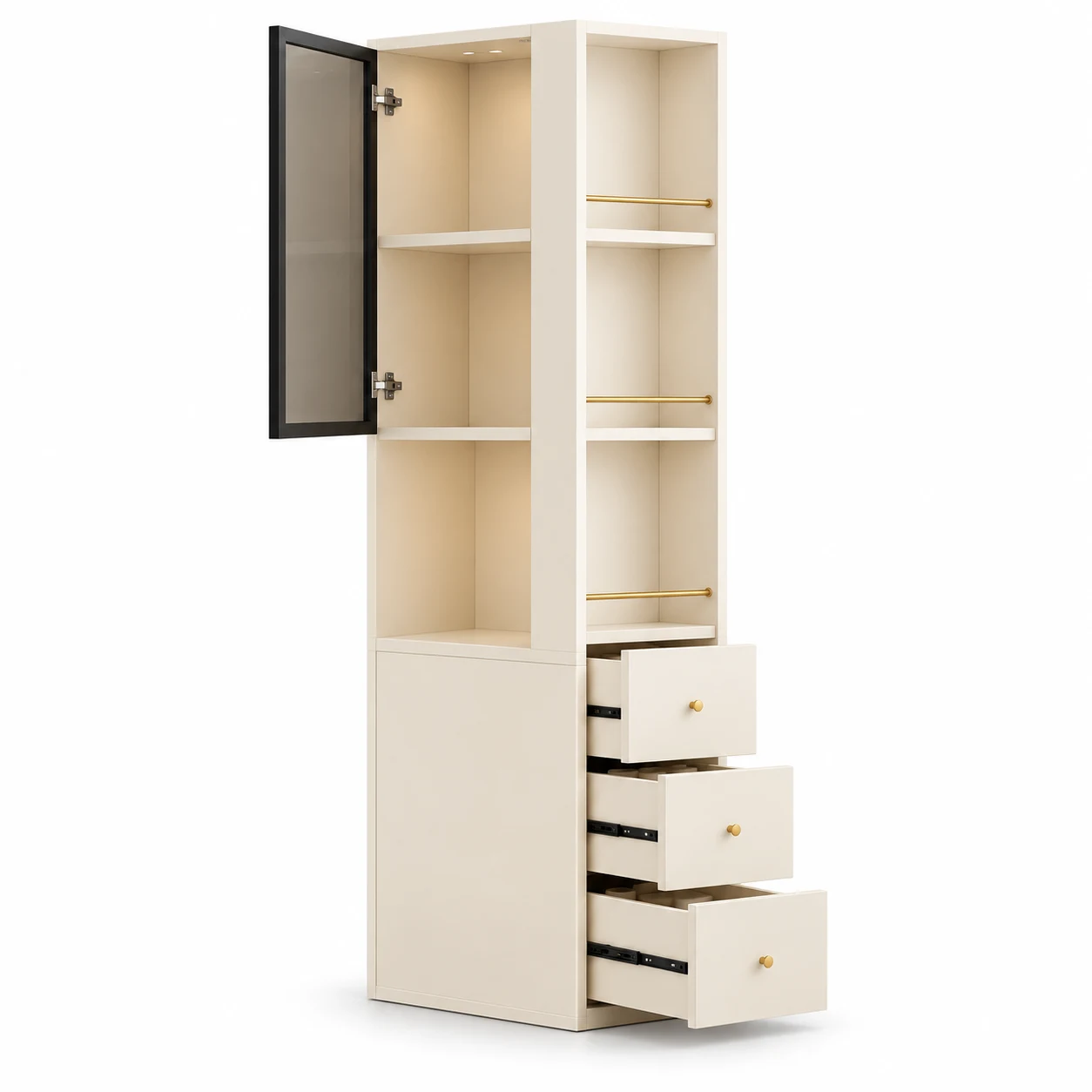 French Retro Tall Narrow Storage Bookcase - 30cm Slim Design, Glass Door Display, 3-Drawer Storage