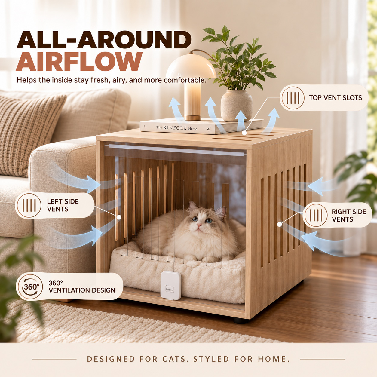2-in-1 Cat House Side Table Wooden Pet Bed End Table with Acrylic Door 60cm